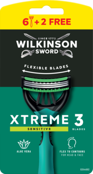 Wilkinson Sword Xtreme 3 Sensitive 6+2 maszynki, elastyczne ostrza z aloesem, zielono-czarne opakowanie.