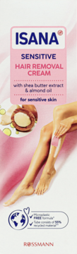 Isana Sensitive krem do depilacji w różowym opakowaniu. Z przodu ilustracja nóg, masła shea, migdałów, dla skóry wrażliwej.
