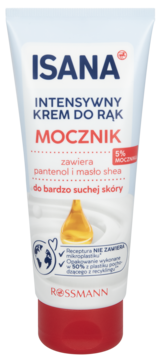 ISANA intensywny krem do rąk Mocznik w białej tubce z czerwoną nakrętką, do bardzo suchej skóry, widok z przodu.