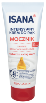 ISANA intensywny krem do rąk Mocznik w białej tubce z czerwoną nakrętką, do bardzo suchej skóry, widok z przodu.