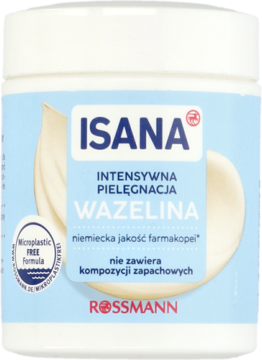 Biały słoik Isana Wazelina do intensywnej pielęgnacji skóry suchej, niebieska etykieta, widok z przodu.