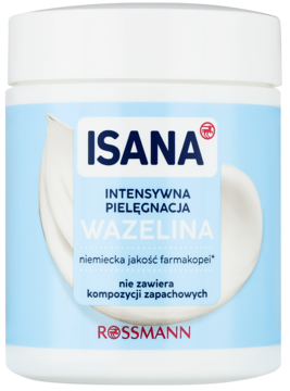 Biały okrągły słoik wazeliny Isana, intensywna pielęgnacja skóry, z jasnoniebieską etykietą, widok z przodu.