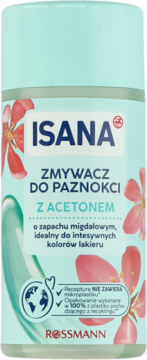 ISANA Zmywacz do paznokci z acetonem, migdałowy, w turkusowej butelce z kwiatami, z recyklingu, widok z przodu.