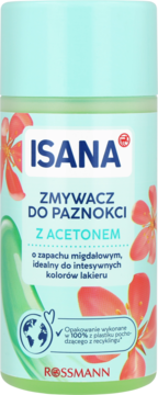 Zmywacz do paznokci ISANA z acetonem, zielono-miętowa butelka z czerwonymi kwiatami, widok z przodu, zapach migdałowy.