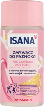 Różowy zmywacz Isana do paznokci bez acetonu, z olejkiem pomarańczowym, butelka 100% recykling, widok z przodu.
