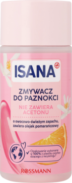Różowy zmywacz do paznokci Isana bez acetonu, z owocowym zapachem i olejkiem pomarańczowym, widok z przodu.