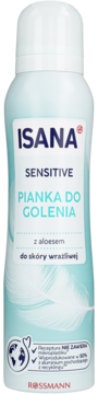 Isana Sensitive pianka do golenia z aloesem, jasnoniebieska puszka z białym napisem, piórkami, widok z przodu.