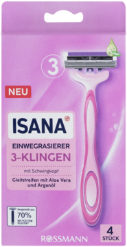 Fioletowe opakowanie 4 różowych jednorazowych maszynek Isana 3-ostrzowych z ruchomą główką i paskiem nawilżającym.