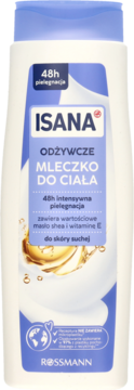 Isana Odżywcze Mleczko do Ciała, biała butelka, niebieska etykieta, widok z przodu, 48h, dla suchej skóry.
