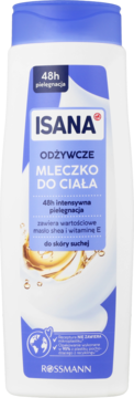 Isana Odżywcze Mleczko do Ciała 48h dla skóry suchej, biała butelka z niebieską nakrętką, widok z przodu.