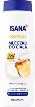 Isana odżywcze mleczko do ciała 72h pielęgnacji, z olejkiem arganowym i wit. E, do skóry suchej, widok z przodu.