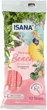 Isana Dream Beach Seychelles, 10 sztuk różowych maszynek jednorazowych z 3 ostrzami, tropikalne opakowanie.