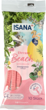 Isana Dream Beach Seychelles, 10 sztuk różowych maszynek jednorazowych z 3 ostrzami, tropikalne opakowanie.