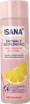 Isana Zmywacz do Paznokci bez acetonu, różowa butelka z cytryną i kwiatami, widok z przodu.