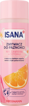 ISANA Zmywacz do paznokci bez acetonu, różowa butelka z motywem pomarańczy, widok z przodu.