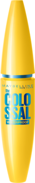 Maybelline The Colossal Waterproof Mascara w żółtej butelce z niebieskimi napisami, widok z przodu.