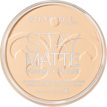 Rimmel Stay Matte matujący puder w kamieniu, beżowy, widok z góry, z wytłoczonym wzorem.