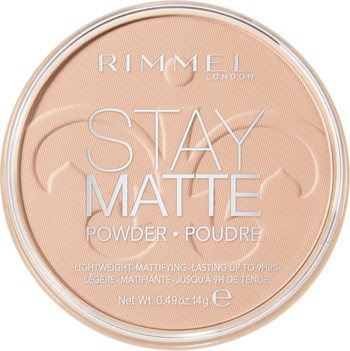 Okrągły puder matujący Rimmel Stay Matte, beżowy odcień, widok z góry. Widoczne tłoczone logo.
