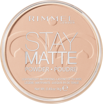 Okrągły puder matujący Rimmel Stay Matte, beżowy odcień, widok z góry. Widoczne tłoczone logo.