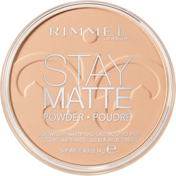 Beżowy puder prasowany Rimmel Stay Matte w okrągłym opakowaniu, z widocznym napisem, widok z góry.