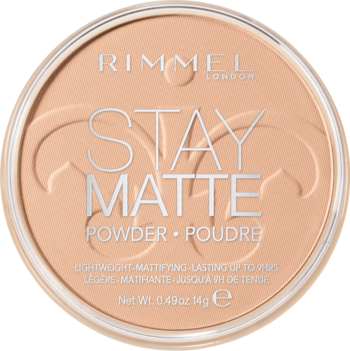 Rimmel Stay Matte matujący puder kompaktowy w odcieniu Silky Beige, okrągłe opakowanie, widok z góry.