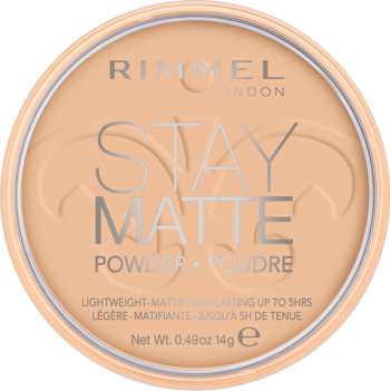 Rimmel Stay Matte Powder, jasnobeżowy kompakt, widok z góry. Na wieczku srebrne napisy i logo.