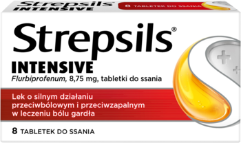 Białe opakowanie Strepsils Intensive z czerwonym paskiem, pastylki na ból gardła, widok z przodu.