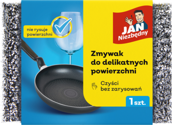 Zmywak JAN Niezbędny do delikatnych powierzchni, bez rysowania, niebiesko-żółte opakowanie z patelnią.