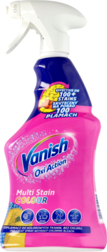 Różowy odplamiacz Vanish Oxi Action Multi Stain Colour spray do tkanin, przód, usuwa ponad 100 plam.