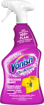 Różowy odplamiacz Vanish Oxi Action w sprayu, widok z przodu. Biały spryskiwacz, logo, ilustracja żółtej koszulki z plamą. Usuwa 100+ plam.