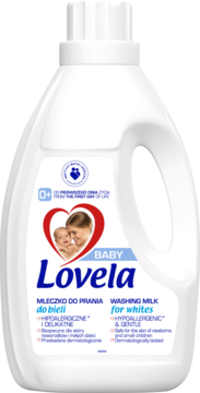 White Lovela Baby hypoallergenic washing milk bottle, front view, with blue label and 'for whites' text.