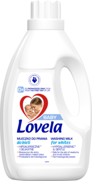 White Lovela Baby hypoallergenic washing milk bottle, front view, with blue label and 'for whites' text.