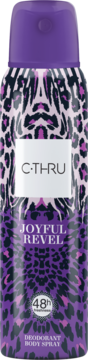 C-THRU Joyful Revel dezodorant w fioletowo-czarną cętkowaną butelkę, widok z przodu, z napisem 48h.