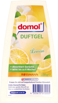 Białe, klinowe opakowanie Domol Duftgel Lemon 150g. Żółta etykieta z cytrynami i kwiatami, widok z przodu.