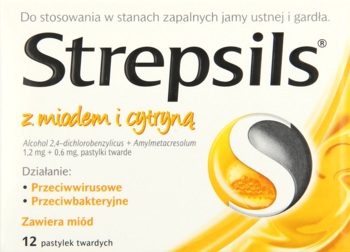 Strepsils miód i cytryna, żółto-czarne opakowanie 12 pastylek na gardło, widok z przodu z logo S.