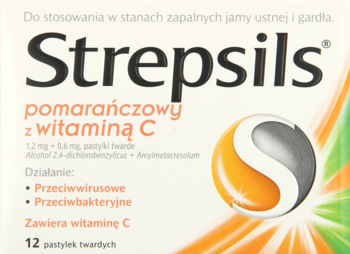 Strepsils pomarańczowy z witaminą C, 12 pastylek na gardło, białe opakowanie z pomarańczowo-zielonym logo.