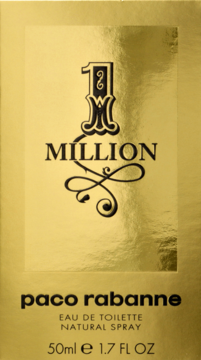 Paco Rabanne 1 Million EDT 50ml w złotym, błyszczącym pudełku z czarnym logo, widok z przodu.