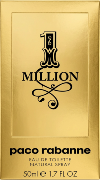 Paco Rabanne 1 Million EDT 50ml, złote błyszczące opakowanie z czarnym logo i tekstem, widok z przodu.