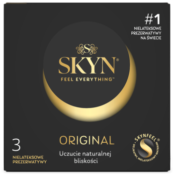 Czarne pudełko prezerwatyw SKYN Original, 3 nielateksowe sztuki, z napisami „FEEL EVERYTHING” i złotymi akcentami.