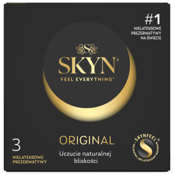 Czarne pudełko prezerwatyw SKYN Original, 3 nielateksowe sztuki, z napisami „FEEL EVERYTHING” i złotymi akcentami.
