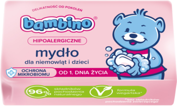 Różowe opakowanie mydła Bambino hipoalergicznego dla niemowląt, z niebieskim misiem, widok z przodu.