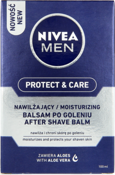 Nivea Men Protect & Care Nawilżający Balsam po goleniu, front pudełka w kolorze granatowym z białymi napisami.