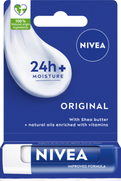 Niebieskie opakowanie pomadki NIVEA Original Care z masłem shea, 24h nawilżenie, widok z przodu.
