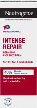 Neutrogena Intense Repair Cica Foot Balm, opakowanie z przodu, biało-czerwone, na suche i popękane pięty.