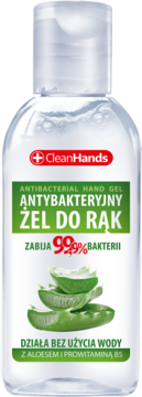 CleanHands antybakteryjny żel do rąk w przezroczystej butelce z zieloną etykietą i aloesem, widok z przodu.