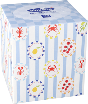 Pudełko chusteczek Alouette w biało-niebieskie pasy, z ilustracjami krabów, cytryn i homarów, widok z boku.