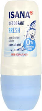 ISANA FRESH roll-on dezodorant, biała butelka z niebieską nakrętką, widok z przodu, napis 0% aluminium i 48h.