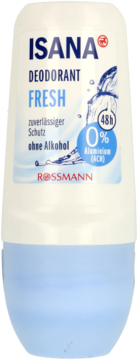 ISANA FRESH roll-on dezodorant, biała butelka z niebieską nakrętką, widok z przodu, napis 0% aluminium i 48h.
