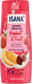 Różowo-czerwony kremowy żel pod prysznic Isana Yoghurt & Fruit z witaminą E i owocami, widok z przodu.