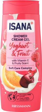 ISANA Yoghurt & Fruit kremowy żel pod prysznic w różowej butelce z witaminą E i owocowym zapachem, widok przodu.